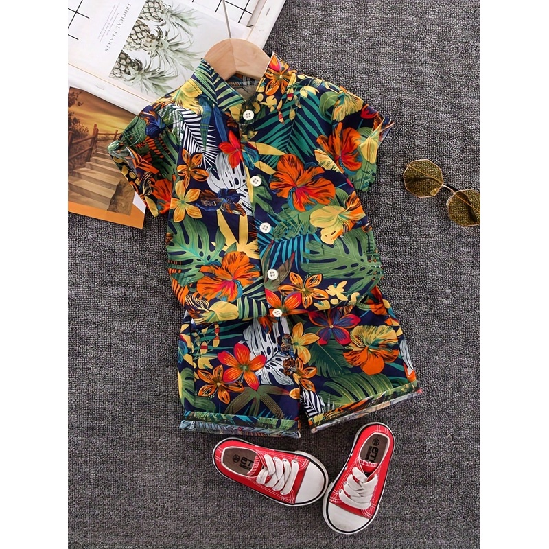 Young Boy Tropical Leaf & Floral All Over Print Stand Collar Short Sleeve Shorts Set