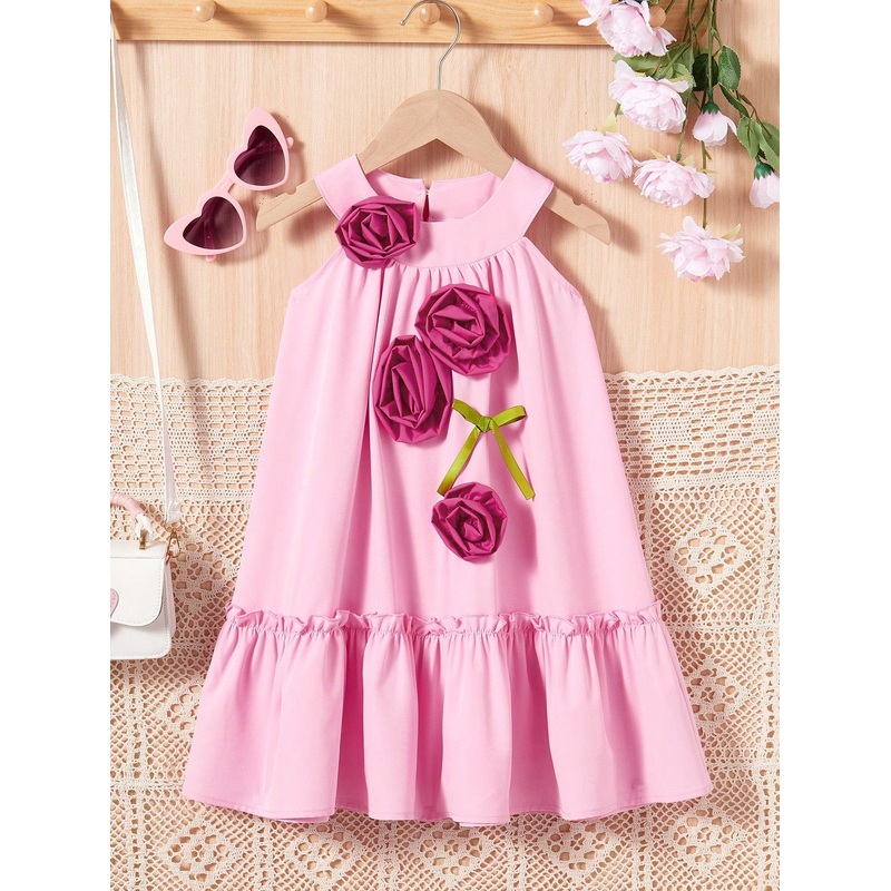 Young Girl Elegant 3D Floral Decor Halter Neck Dress