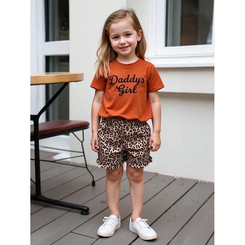 Young Girl Summer New Letter Print T-Shirt + Fashionable Leopard Print Shorts Set