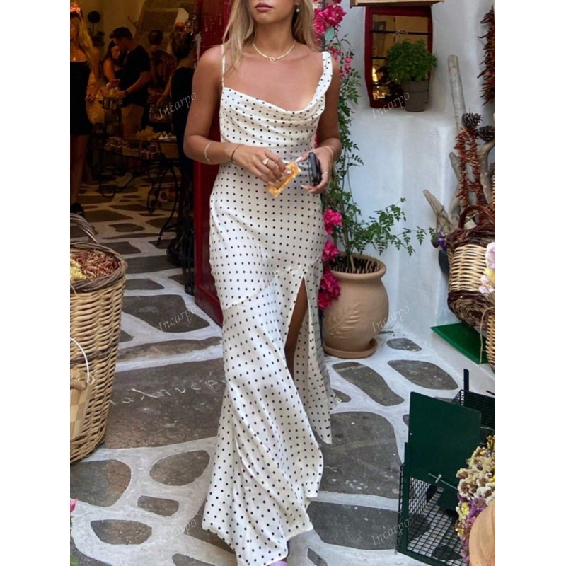 1pc Fashionable Sexy Women’s Polka Dot Print Slit Summer Dress