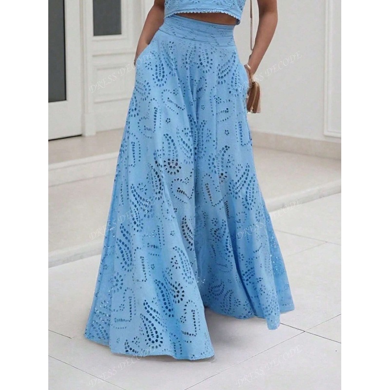 (1 Piece)Vintage Floral Hollow Out Full Embroidery A-Line Midi Skirt,Elegant And Refined Half Skirt,No