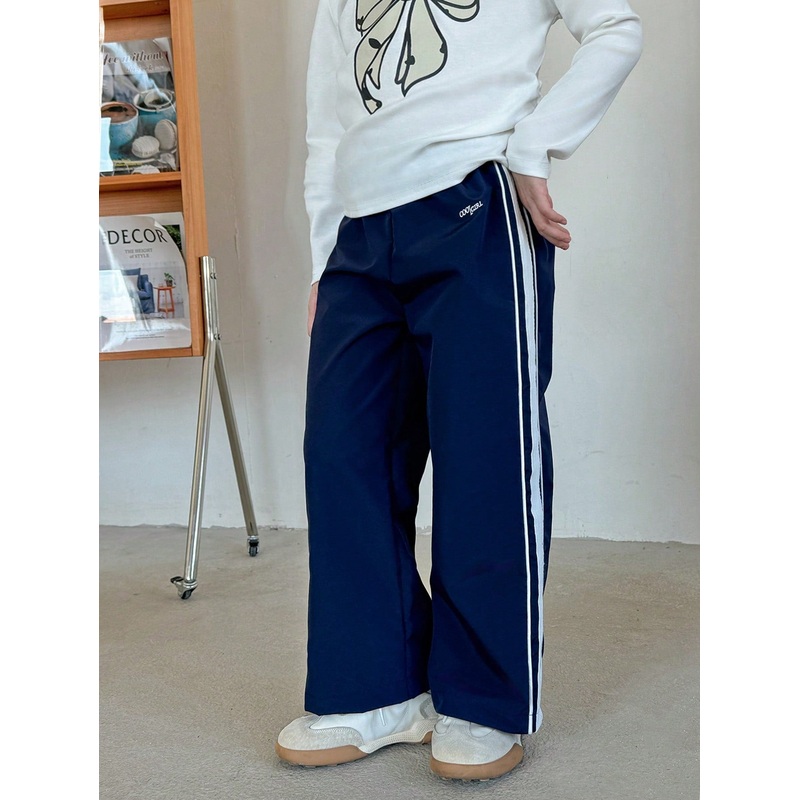 Young Girl Letter Print Striped Side Wide Leg Loose Casual Pants