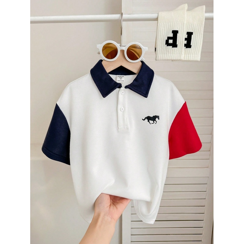 Young Boys Colorblock Short Sleeve Half Placket Polo Shirt, Suitable For School, Birthday Parties, Parties,
