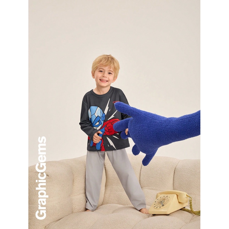 Young Boys Print Crew Neck Long Sleeve Top And Pants Loungewear Set
