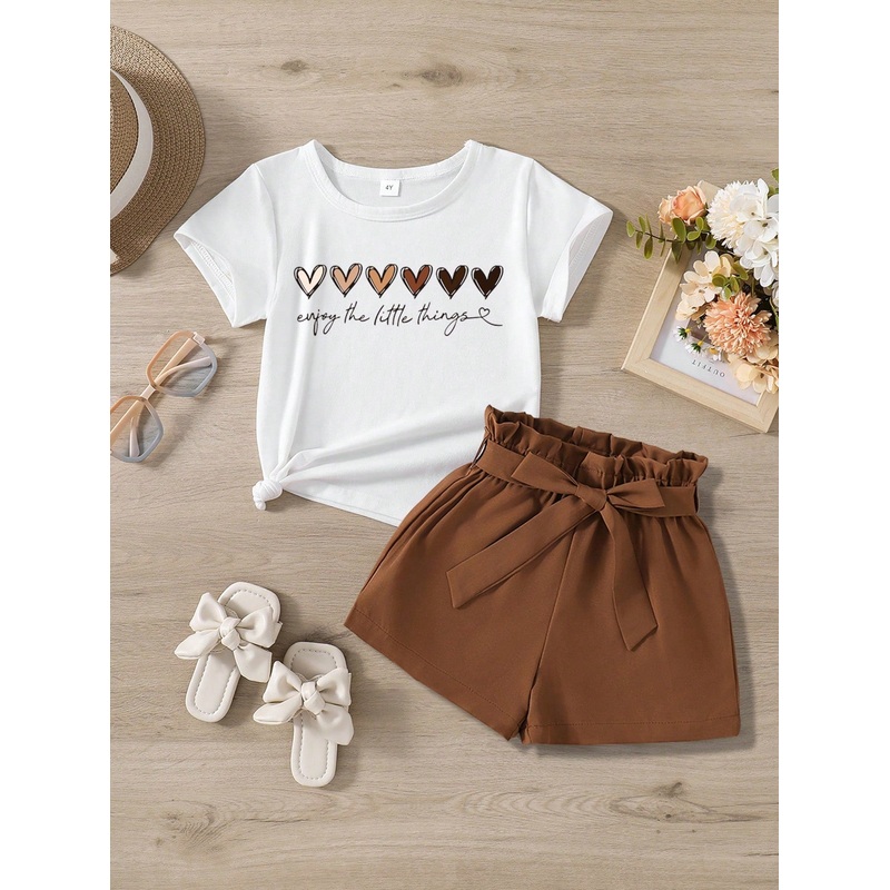 Young Girl Heart Print Short-Sleeved T-Shirt And Paper Bag Waist  Shorts Without Belt