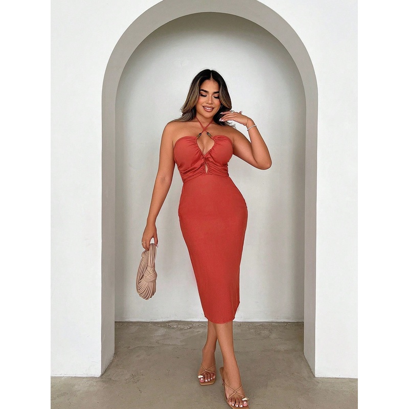 Xyvia Women’s Sexy Solid Color Backless Halter Mid-Calf Dress, Summer