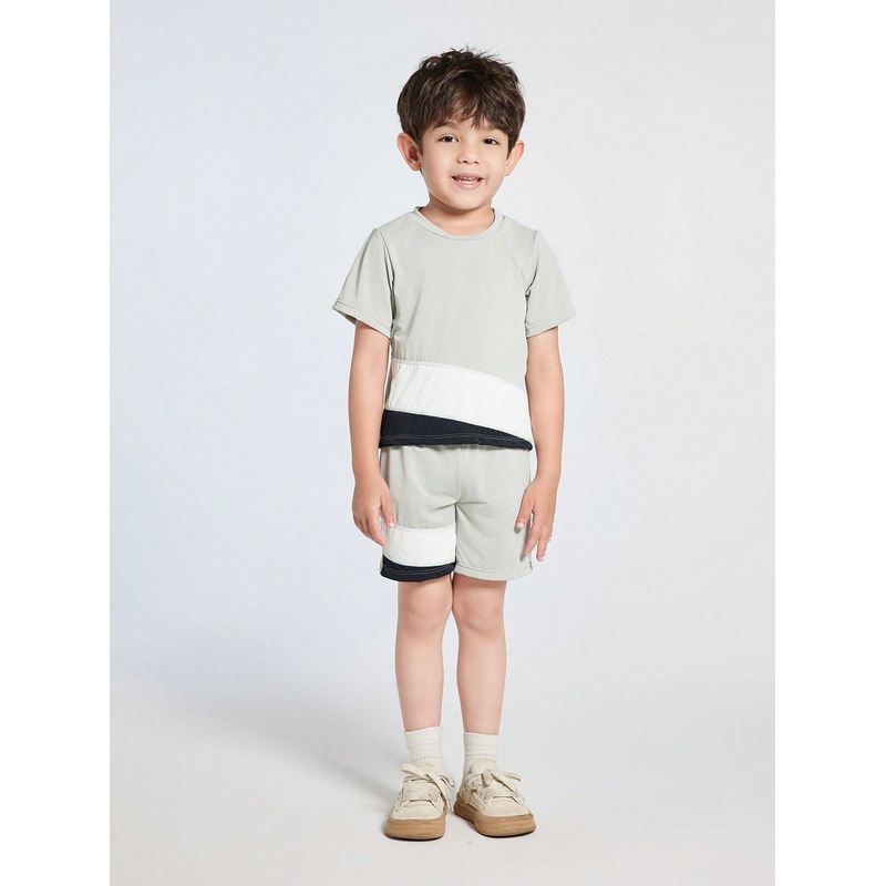 Young Boy Summer Casual Color-Block Short Sleeve T-Shirt And Shorts Separated Sports Set
