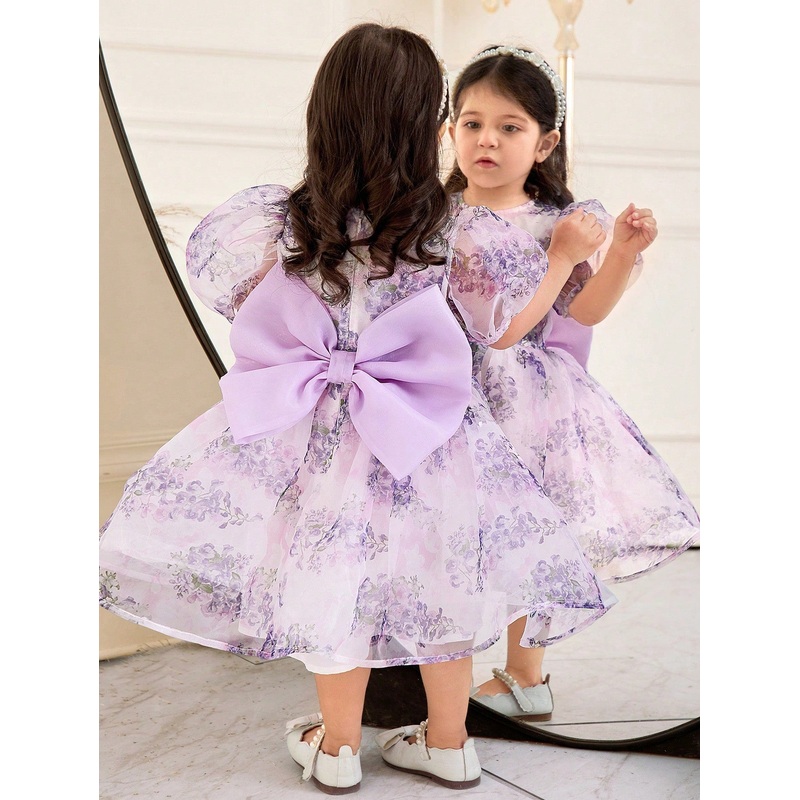 Young Girl Elegant Round Neck Puff Sleeve Detachable Bowknot Dress