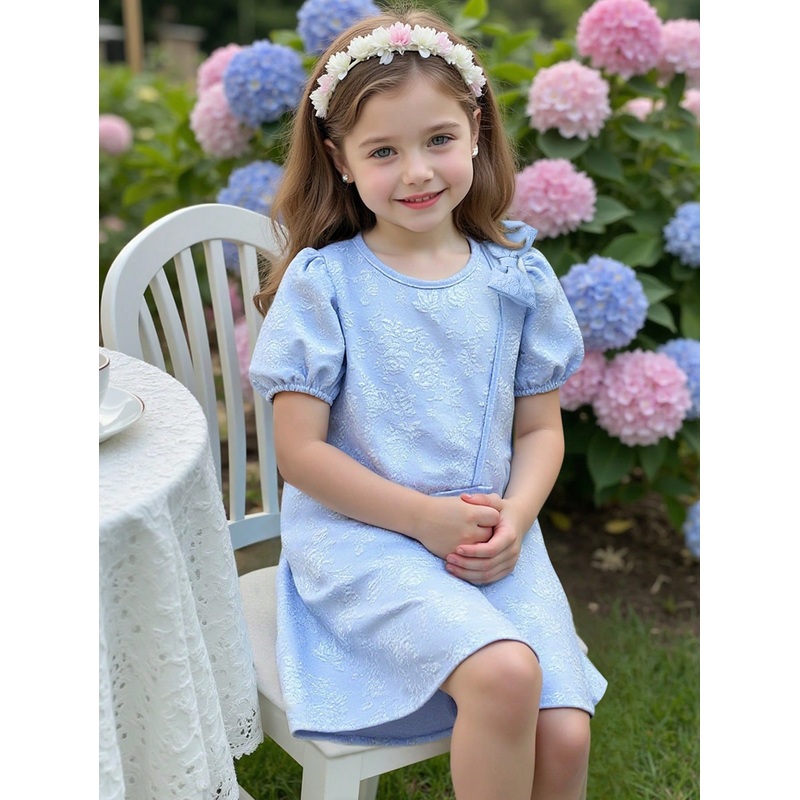 Young Girl’ Elegant Solid Color 3D Bow Floral A-Line Dress