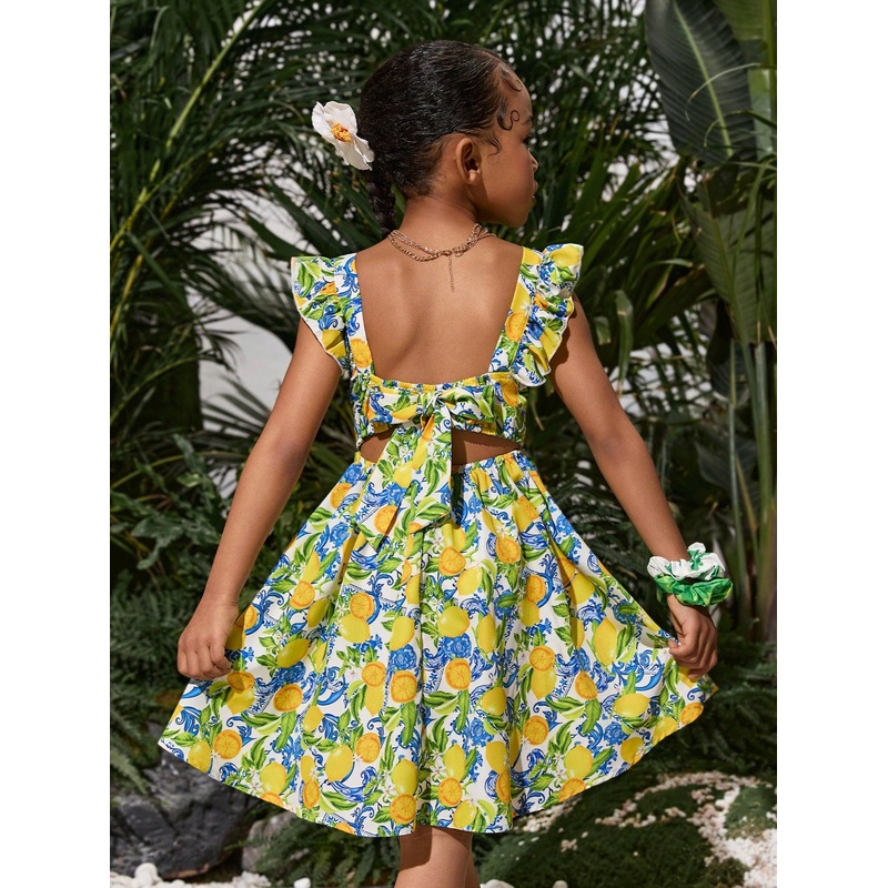 Young Girl Tropical Fruit Pattern Cute Casual Square Neck Cap Sleeve Flared Hem Backless Bowknot Dress