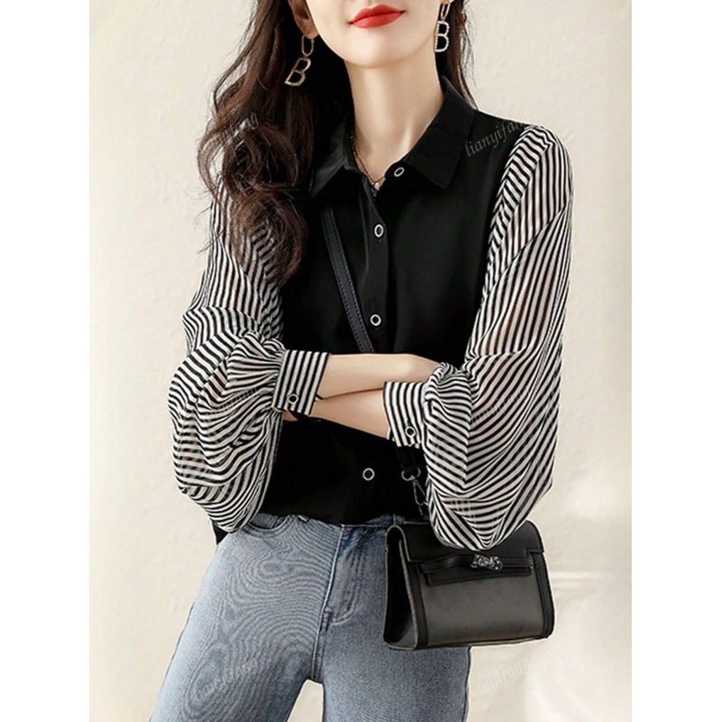 YUXIN 2025 Spring & Summer Korean – Style Striped Patchwork Shirt, Lantern – Sleeve Chiffon Patchwork,