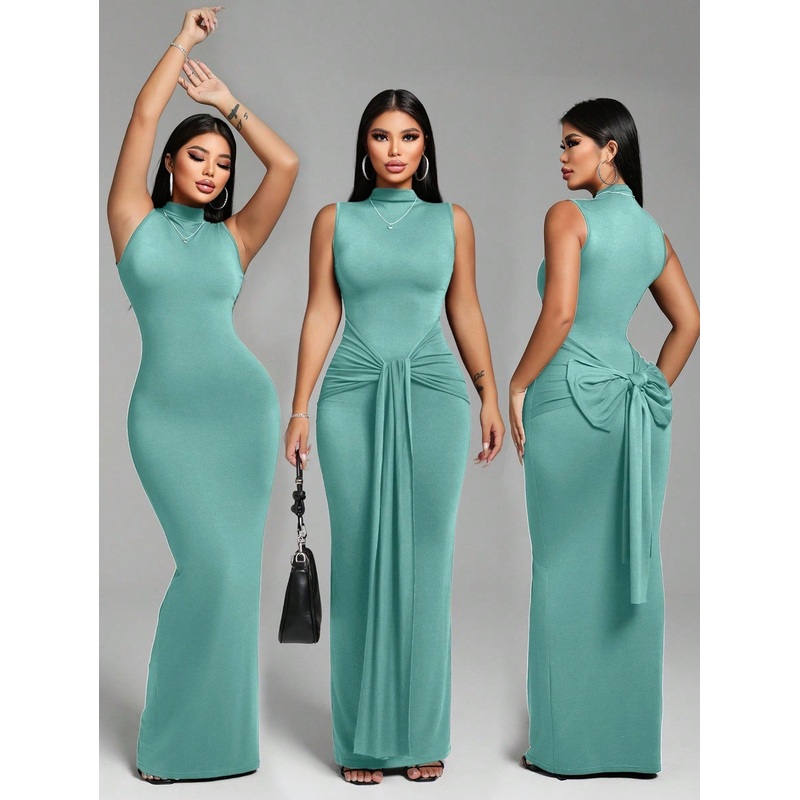 Zolique Women’s Mid-High Collar Front Tie Sexy Dress