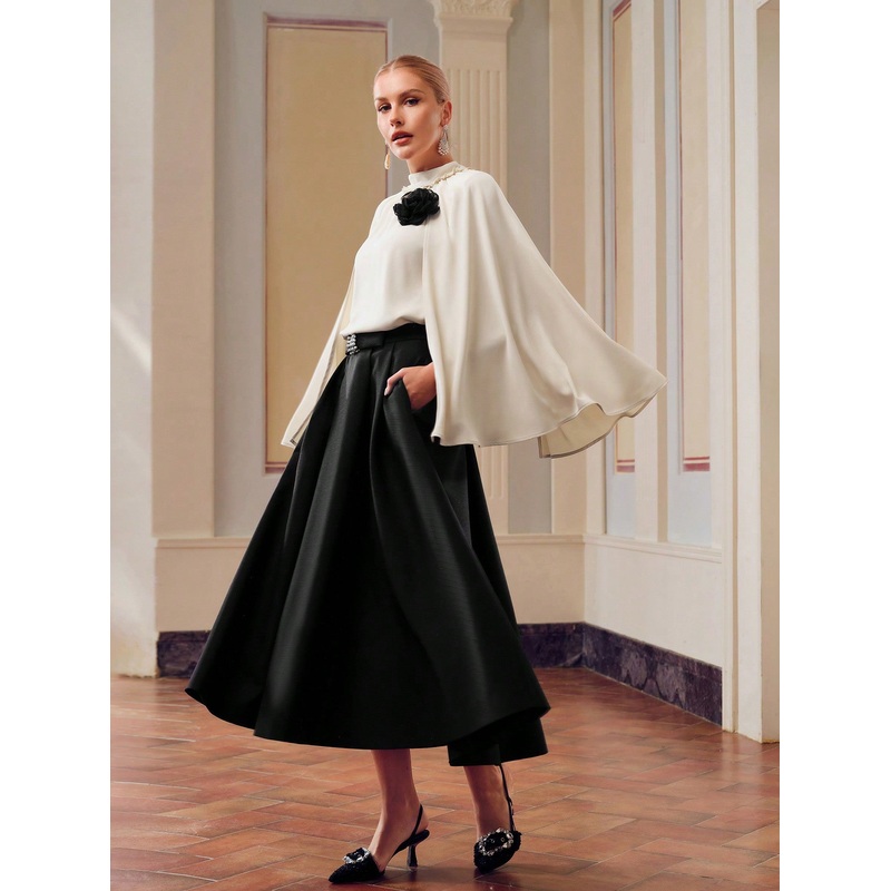 ZEYLAH CONTRAST STEREO FLOWER CAPE SLEEVE MOCK NECK BLOUSE