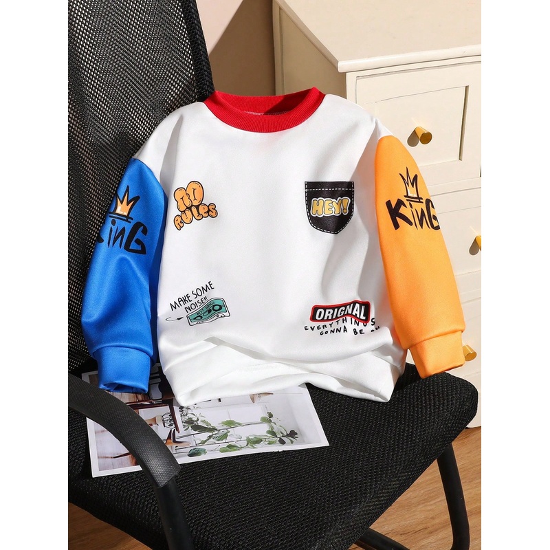 Young Boy Solid Color Patchwork Round Neck Long Sleeve Letter Print Sweatshirt