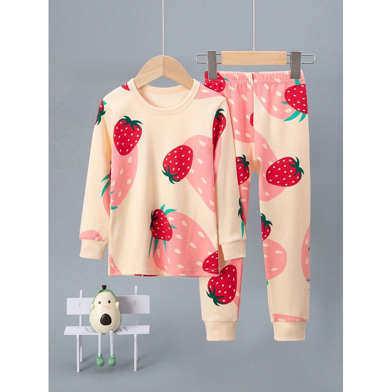 Young Girls Strawberry Print Long Sleeve Pajama Set, Cartoon Sleepwear