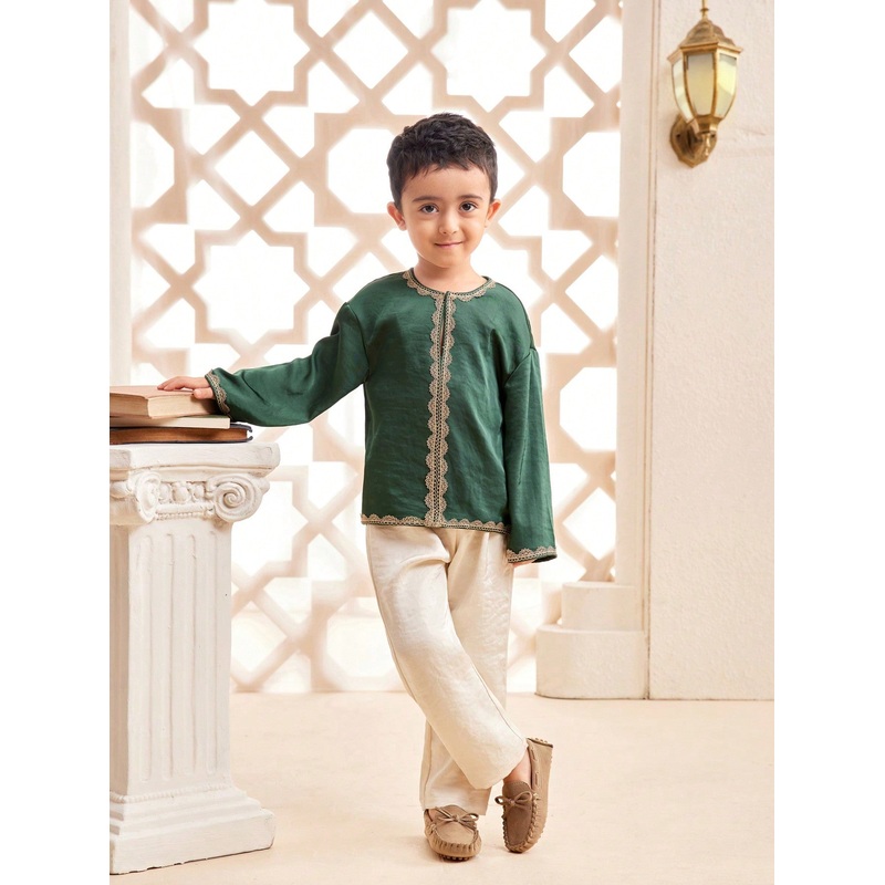 Young Boy Plain Color Block Long Sleeve Casual Top And Pants Set