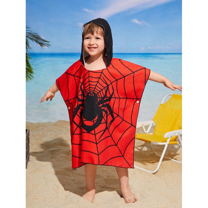 Young Boy Cartoon Printed Hooded Swim Cover-Up
