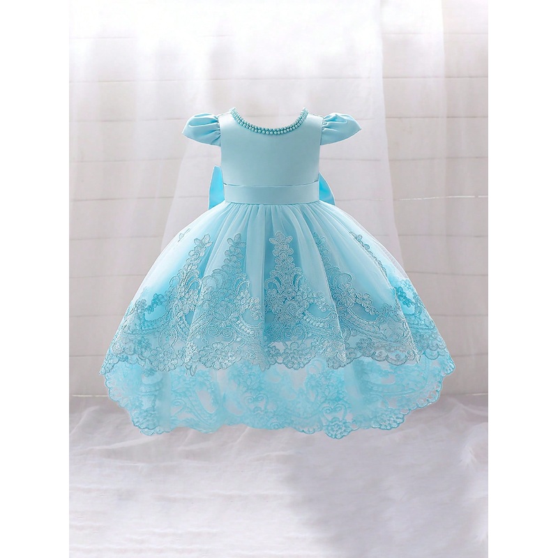Young Girl Lace Dress With Ribbon Bow Back Design, Sweet And Lovely Princess Style, Ideal For Performances,