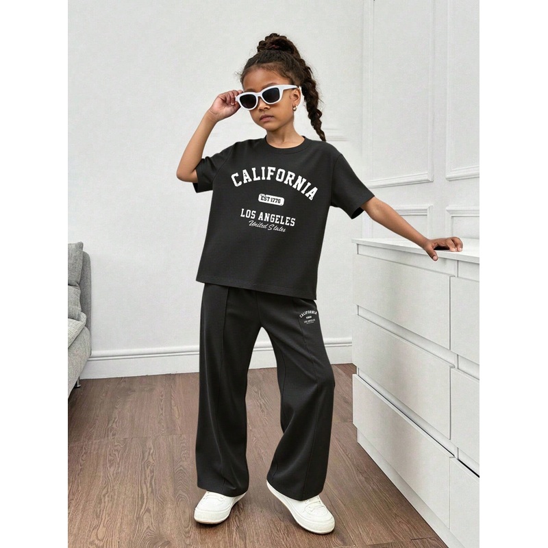 1 Set Girls Casual Round Neck Drop Shoulder T-Shirt And Simple Striped Loose Pants, Minimalist Style