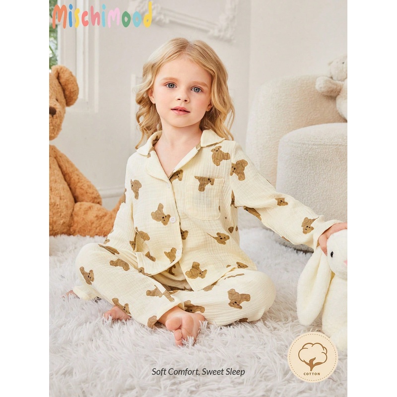 Young Girl Bear Print Casual Shirt And Pants Pajama Set