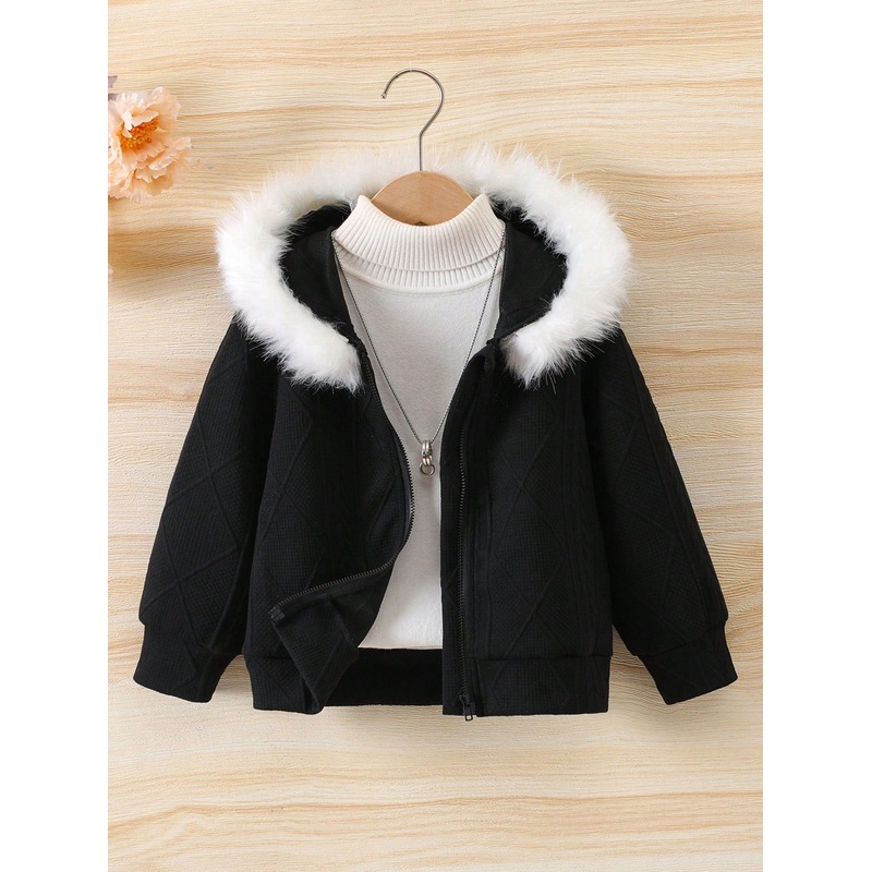 Young Girl Fuzzy Trim Zipper Hooded Jacket Without Sweater