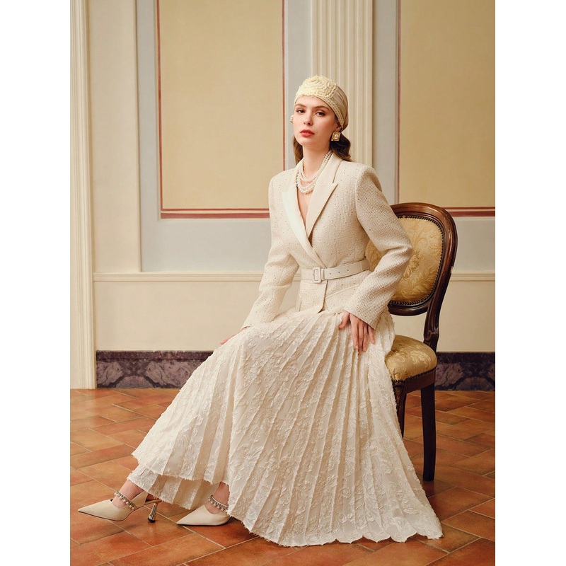 ZEYLAH PEAK COLLAR BUCKLE  PLEATED HEM 2 IN 1 DRESS Without Belt