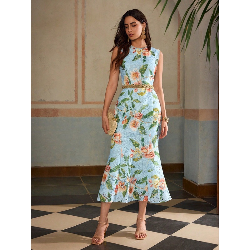 ZEYLAH Floral Lace Print Sleeveless Long Dress With Waist-Tie, Elegant For Spring & Summer