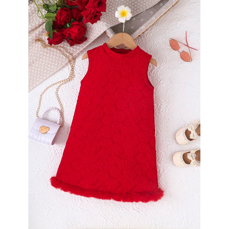 Young Girl Elegant Fringe Hem Sleeveless Puff Dress, Suitable For Spring/Summer, Valentine’s Day