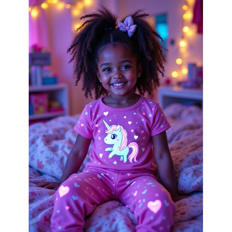 Young Girls Cute Unicorn Print Short Sleeve Top And Leggings 2 Pieces Pajama Set, Toddler
