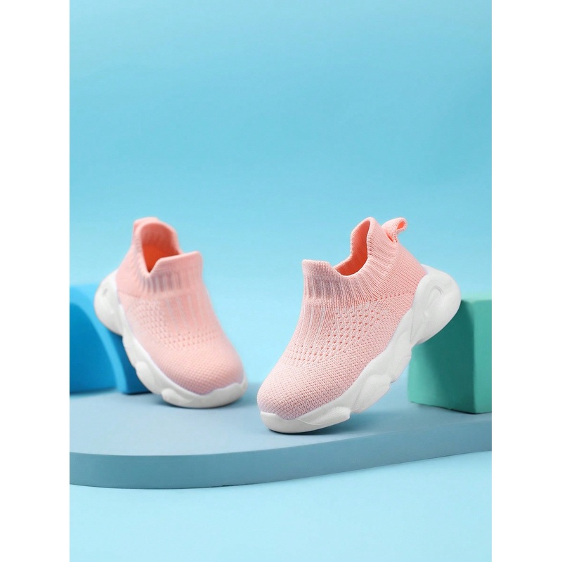 1pair Girls Pink Crochet Design Breathable Running Shoes For Summer