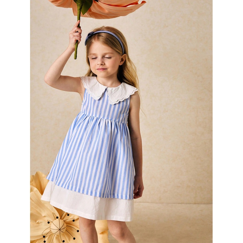 Young Girls’ Elegant Blue Striped Lapel Dress, Spring/Summer