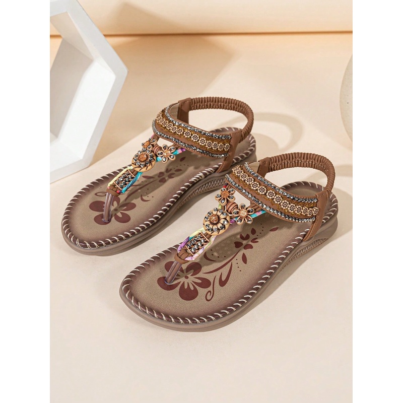 1 Pair Women’s Handmade Wooden Beaded Elastic Bohemian Style Open Toe Beach Flat Sandals