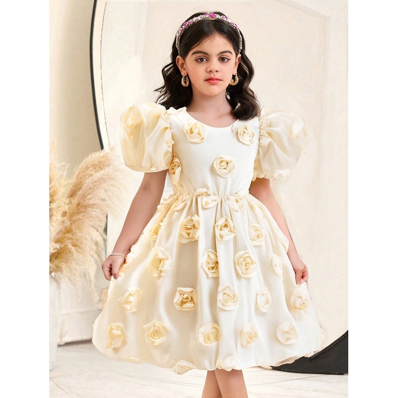 Young Girl Elegant Solid Color 3D Floral Decor Puff Sleeve Dress