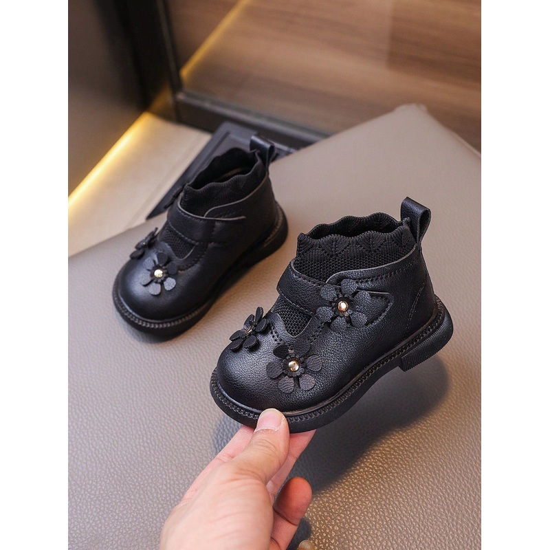 1 Pair Flower Decor Cute Infant Girls Hook And Loop Ankle Boots