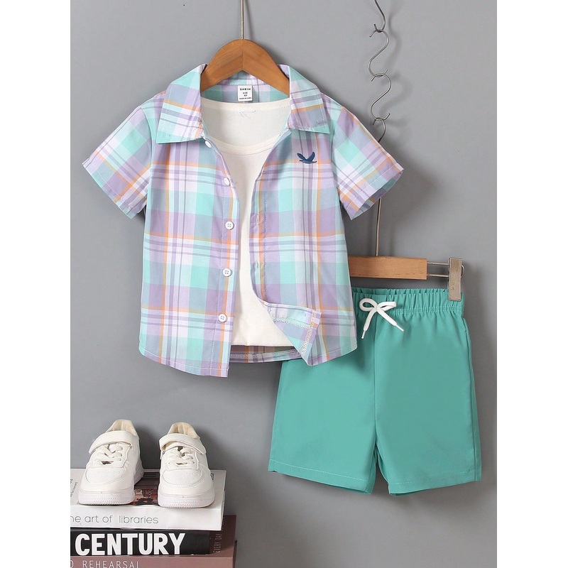 Young Boy Plaid Breathable 2 Pieces Set, Suitable For Getaways, Holidays, Travels, Relaxation, Sunbathing,