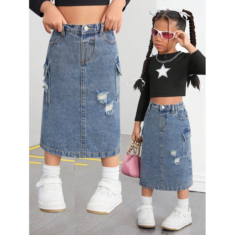 Young Girl Y2K Button Waist  Loop Pocket Fashion Street Style Blue Denim Cargo Mini Skirt,Kid Girl Without Belt