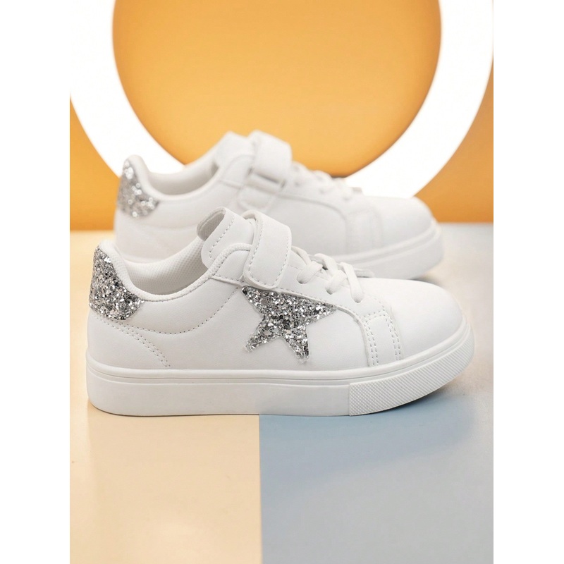 1 Pair Girls Glitter Star Decor Lightweight Flat Casual Sneakers