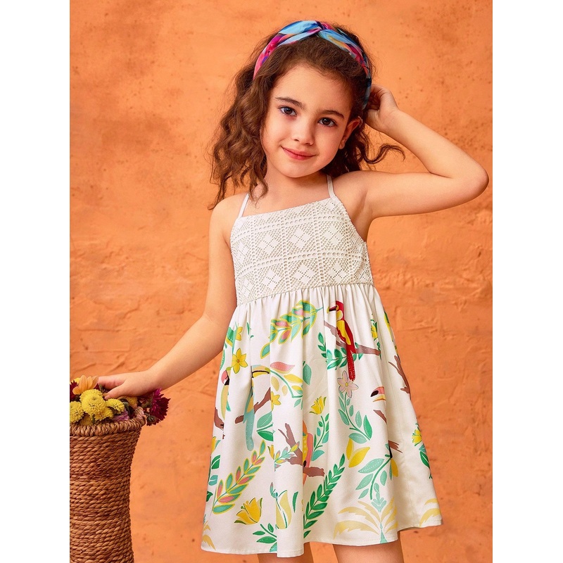 Young Girl Cute Summer Vacation Cartoon Pattern Patchwork Camisole Dress