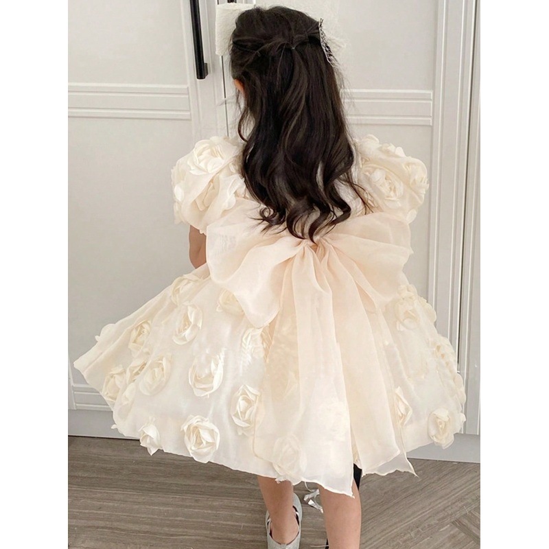 Young Girl Dress Princess Dress New White 3D Rose Birthday Dress Hosting Performance, Stage Performance,