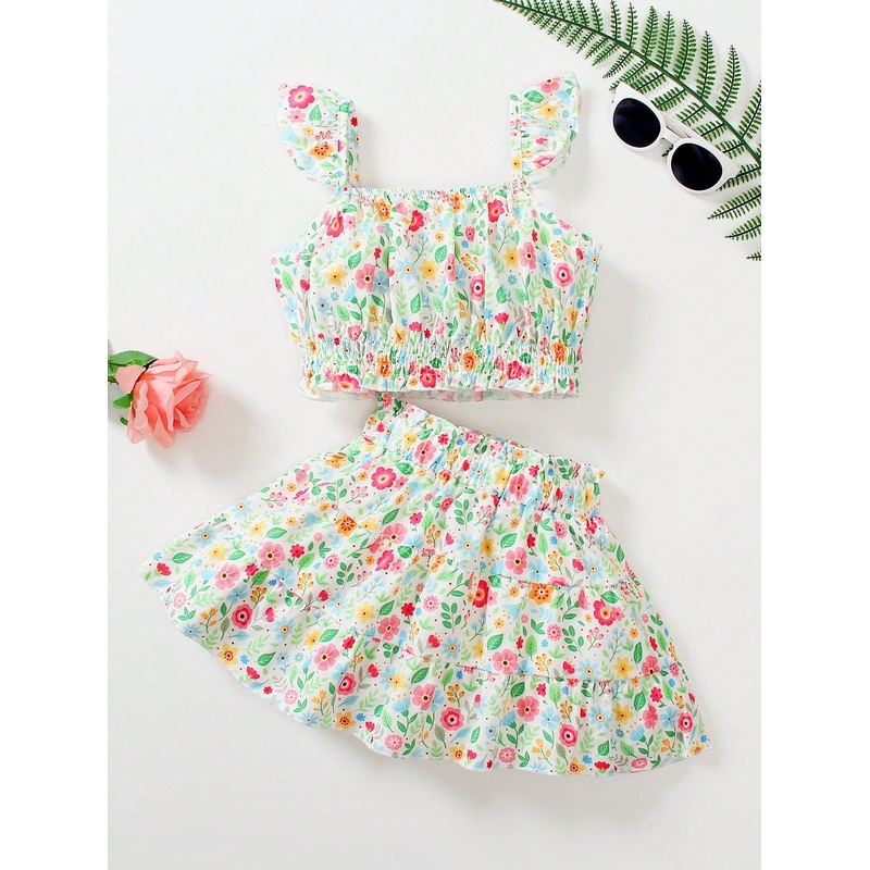 Young Girl Floral Print Cap Sleeve Blouse & Skirt 2pcs Set