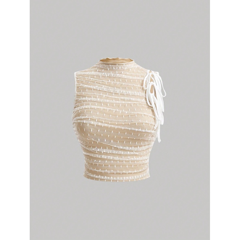 X MariajoseGi MOD Women’s Stand Collar Lace-Up Mesh Contrast Tank Top For Summer