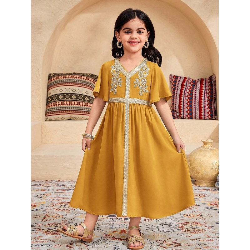 Young Girl Fashion Solid Yellow V-Neck Fitted Casual Dress