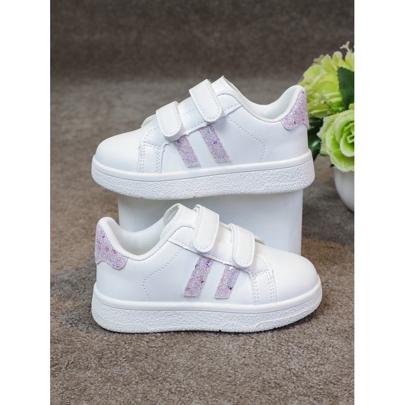 1 Pair Kids Versatile Breathable Hook And Loop White Sneakers With Embroidered Butterfly & Heart Decor