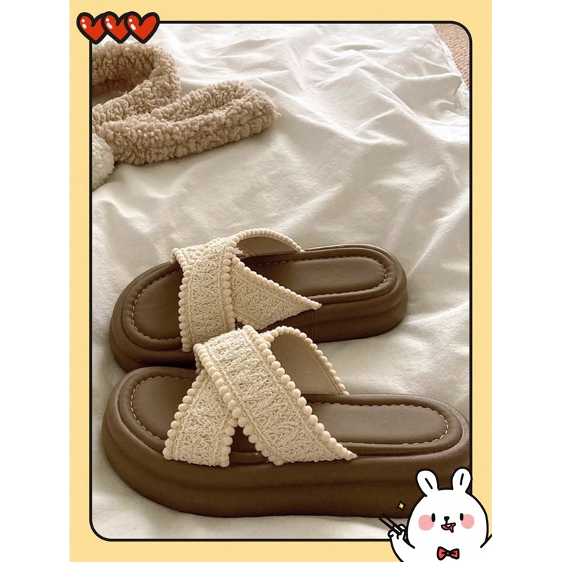 1 Pair Beige 4cm Platform Slip-On Sandals For Women Size 35-40