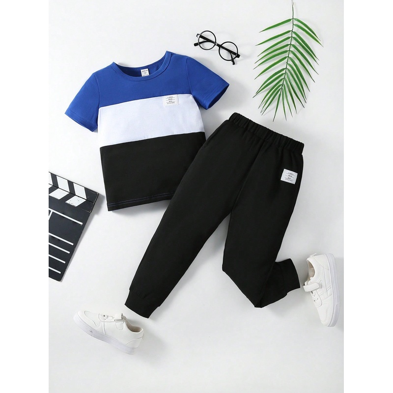 Young Boy Colorblock Tee & Letter Patched Detail Sweatpants