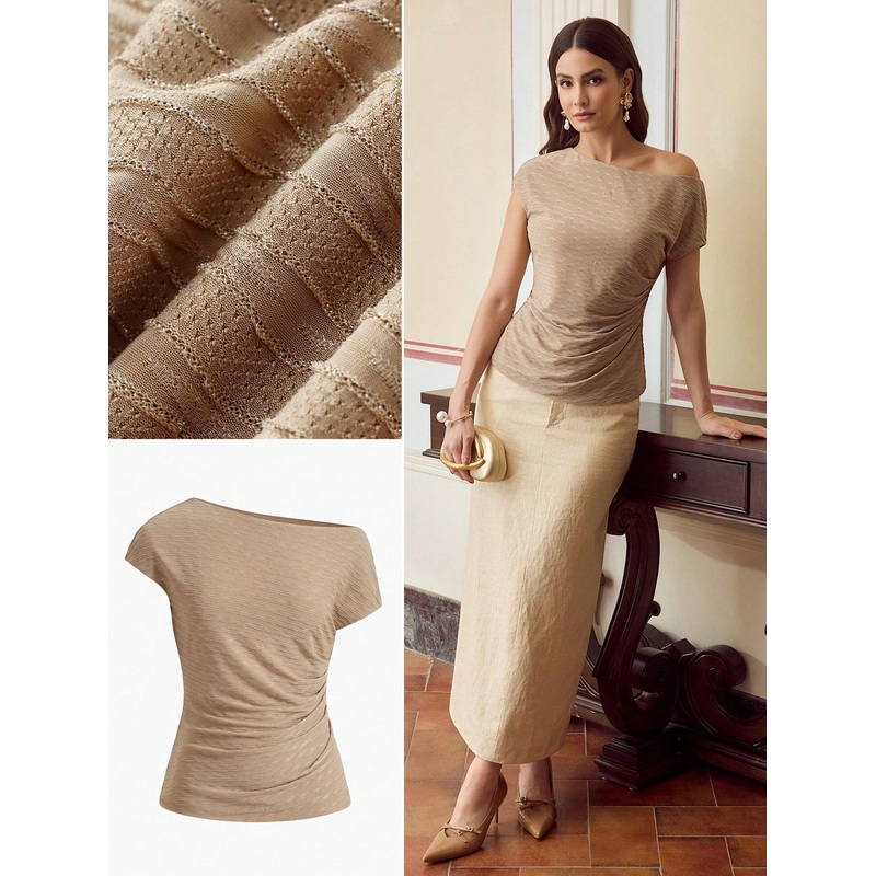 ZEYLAH Women’s Shoulder Exposed Solid Color Knitted Short Sleeve T-Shirt, Minimalist Fashion