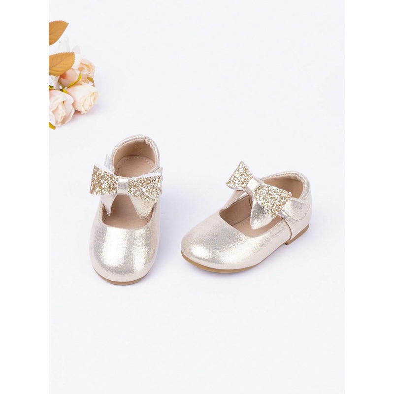 1 Pair Baby Girl Metal Bow Hook And Loop Flat Shoes