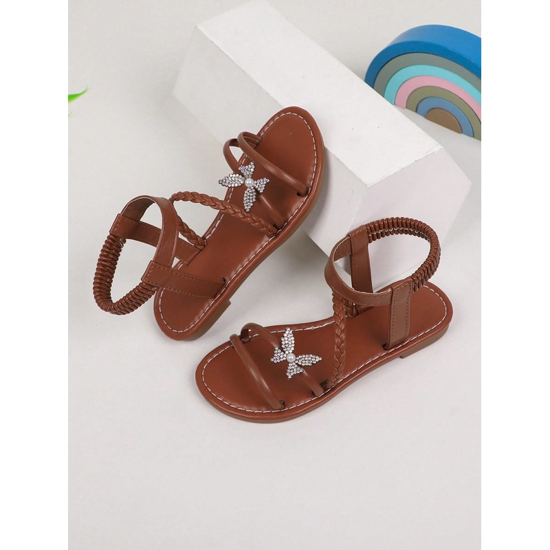 1 Pair Girls Summer Beige Flat Sandals With Bow Decor Elastic Band Open Toe