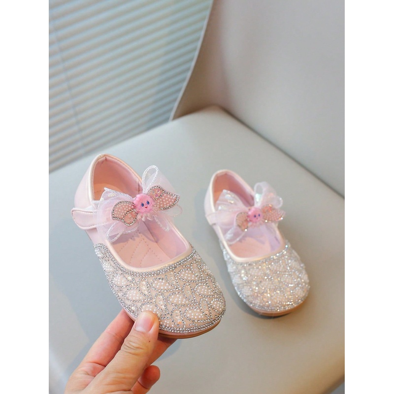 1 Pair Girls Pearl Rhinestone Bowknot Flat Shoes