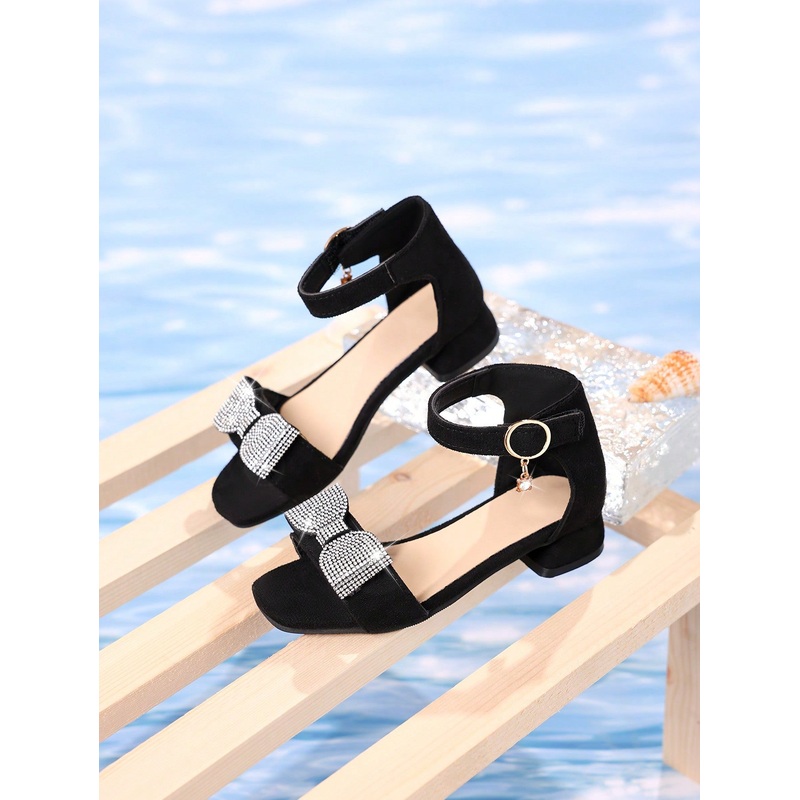 1 Pair Girls’ Summer Open Toe Sandals With Pearl & Rhinestones Bowknot Design